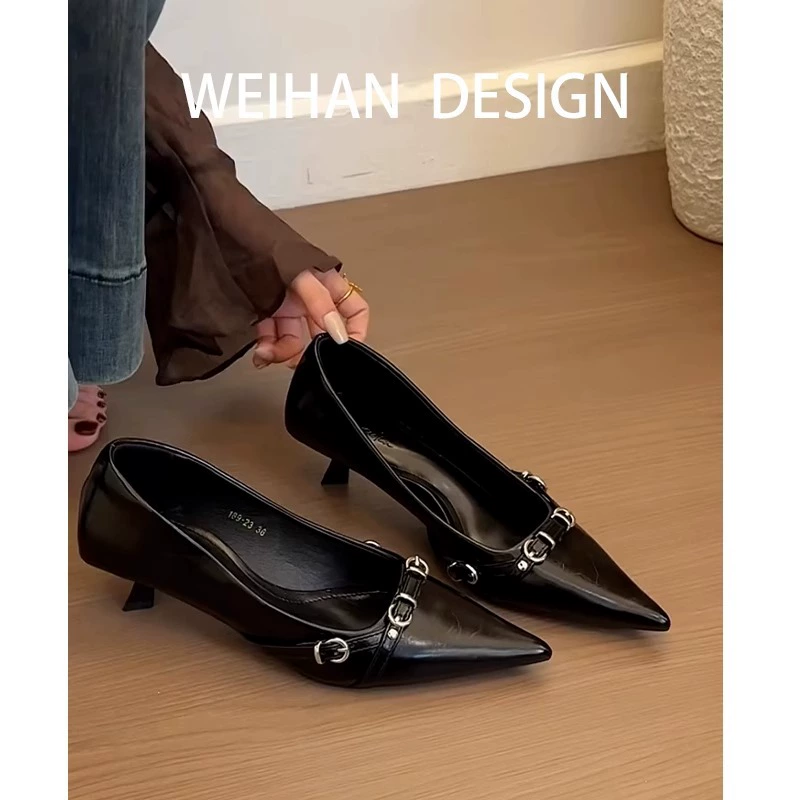 Французский заостренный черный туфли на высоком каблуке женский дизайн металлическая пряжка сексуальная рама высокого класса на каблуке