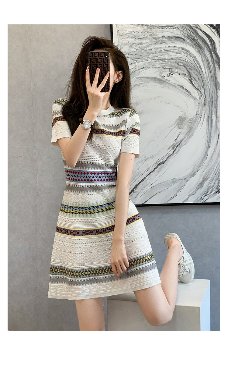 Váy dệt kim ngắn tay phong cách nữ thần sang trọng — màu xanh chi tiết 15