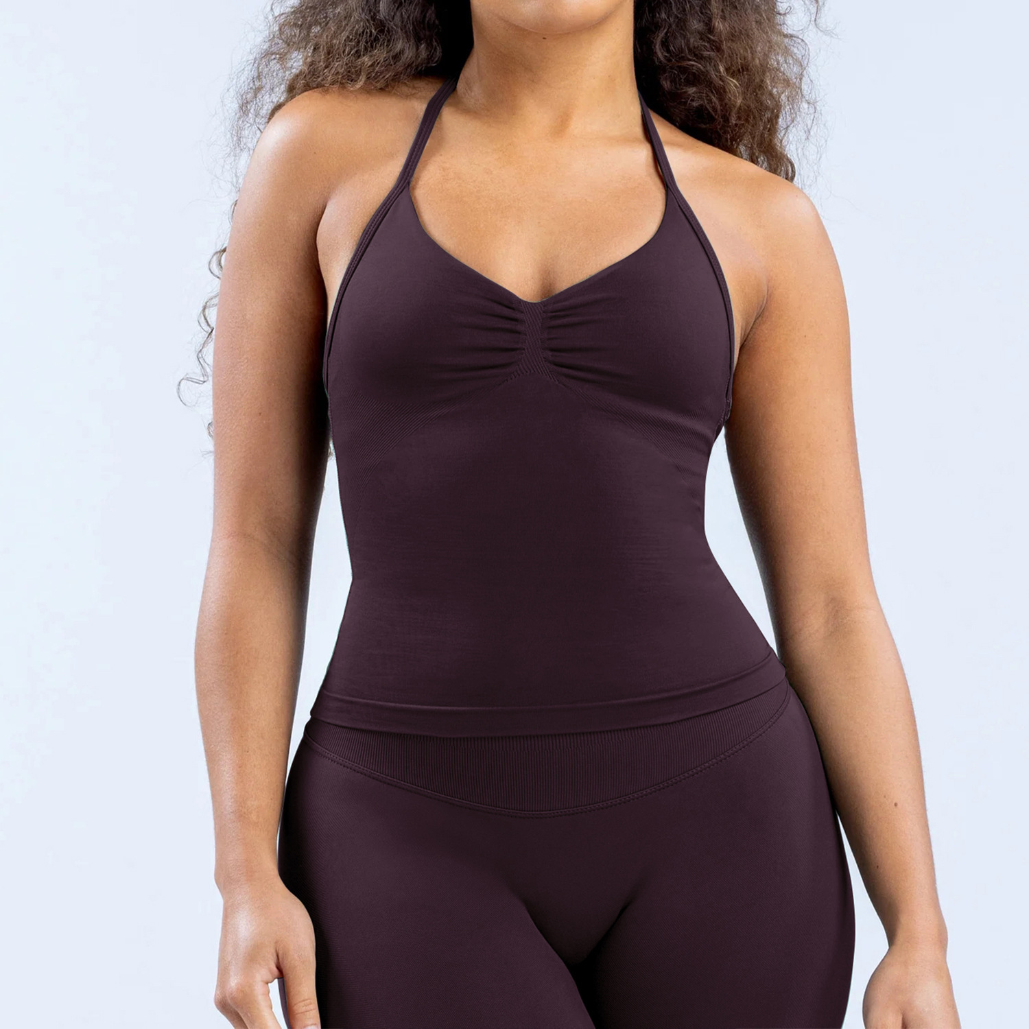 Conjunto DF Amazon pantalones cortos explosivos sujetador pequeño alto elástico superfino nailon halter cuello hermoso chaleco deportivo trasero