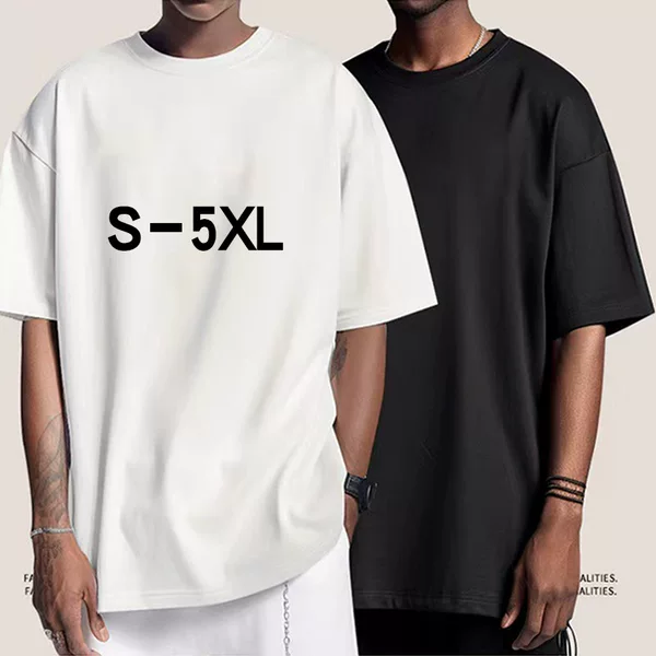 Popular European and American 230g Pure Cotton Round Neck T-Shirt Cross-Border Men's Large Size Loose Off-Shoulder Trendy Brand Short-Sleeved Export Top