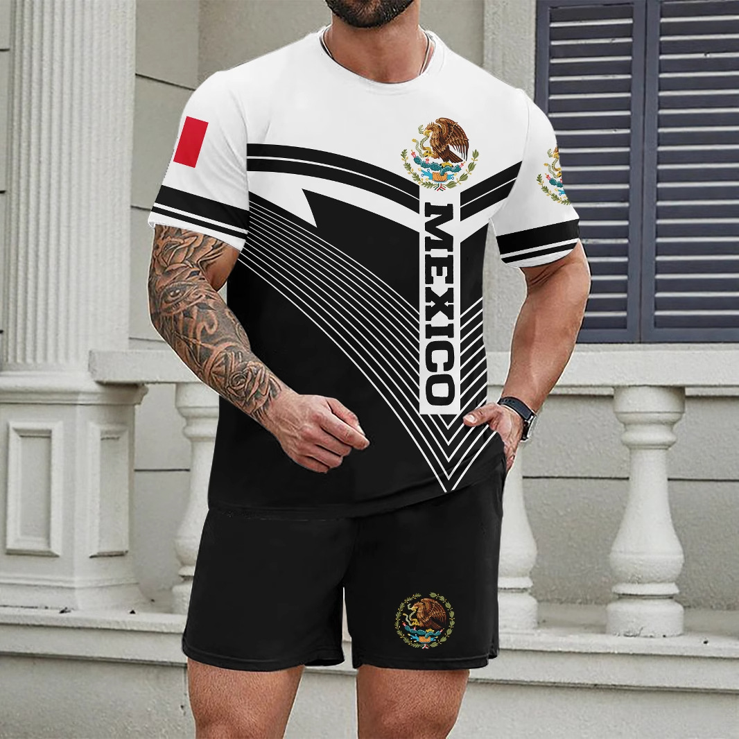 Completo estivo da uomo a due pezzi: camicia a maniche corte dalla vestibilità ampia e t-shirt taglie forti con pantaloncini Mingshi_voghion.com