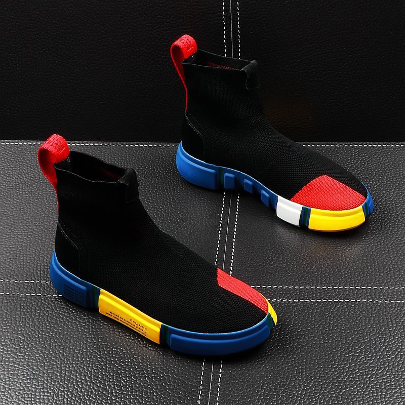 Sommer Neue Männer High Top Schuhe Set Füße Stricken Socken Hip Hop Trend Koreanische Version Der Jugend Kurze Stiefel erhöhen_voghion.com
