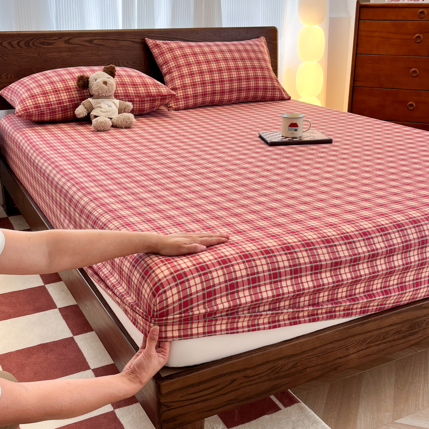 Category a Mother and Baby Cotton Fitted Sheet Three-Piece Set Plaid Simple Cotton Mattress Protector Double-Layer Yarn Naked Sleeping Single Bed Cover