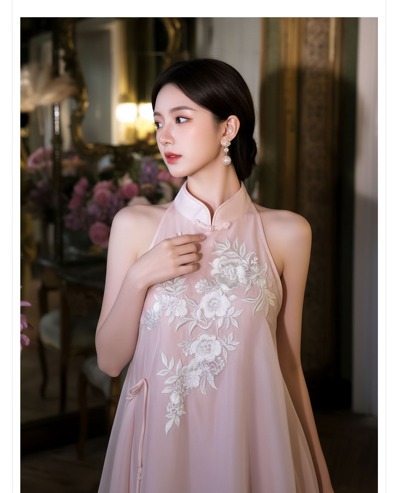 Đầm maxi thêu hoa phong cách Trung Hoa cổ điển, chất vải mỏng nhẹ mùa hè, tay lỡ, thắt eo — hồng chi tiết 4