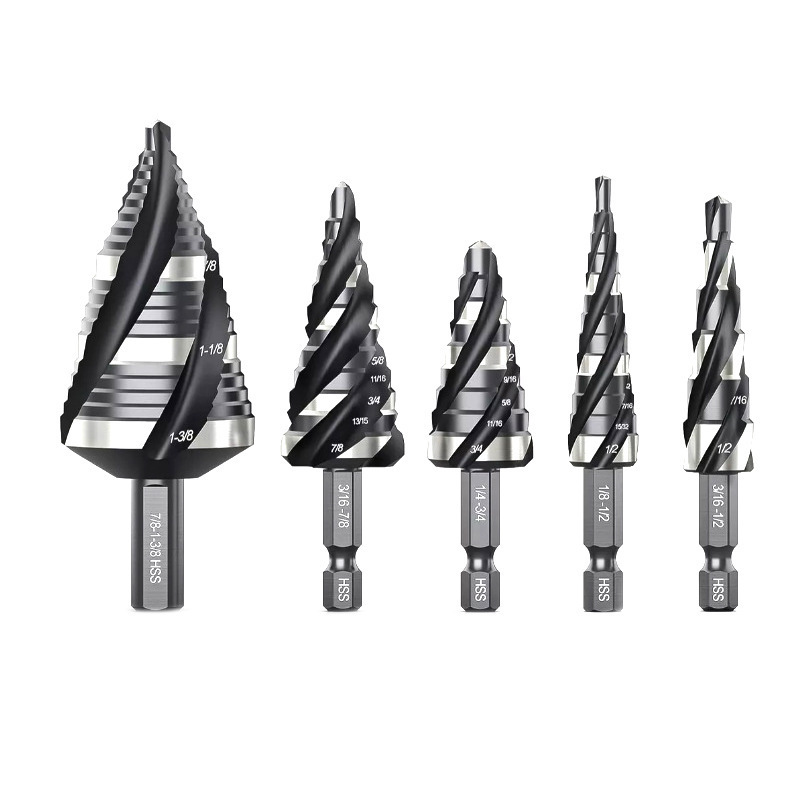 四螺旋槽阶梯钻头套装5PCS 1/8"-1-3/8" 1/4"3/8"高速钢金属钻头|undefined