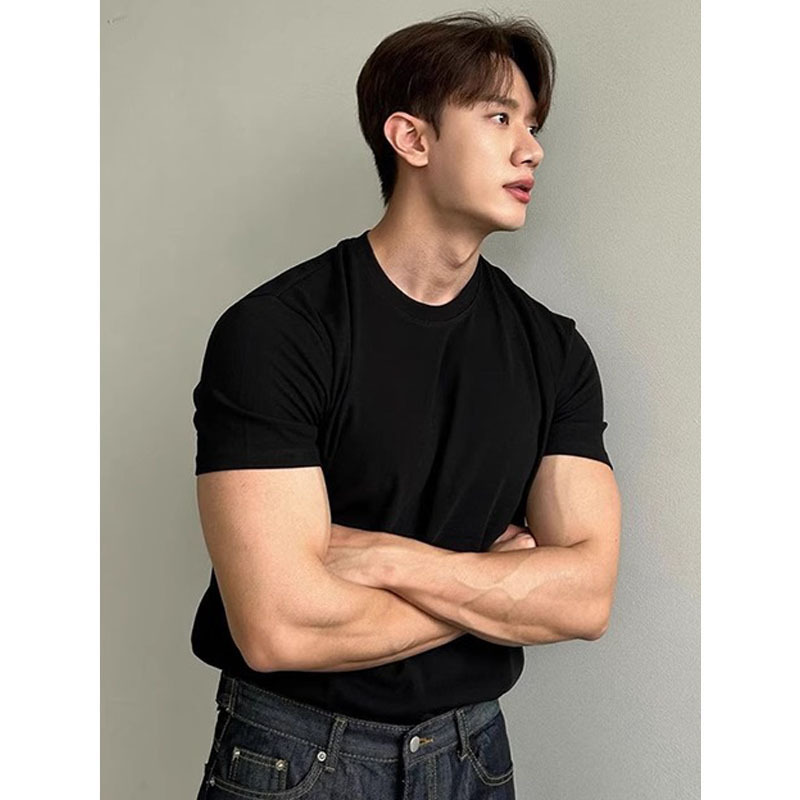 British yuppie men's summer T-shirt small neckline slim short sleeve muscle suit inside foreign trade cross-border wholesale