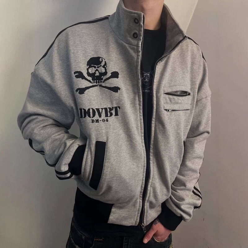 Y2K American Retro Skull Print Double Zipper Pocket Niche Design Hip-Hop Casual Hoodless Sweatshirt