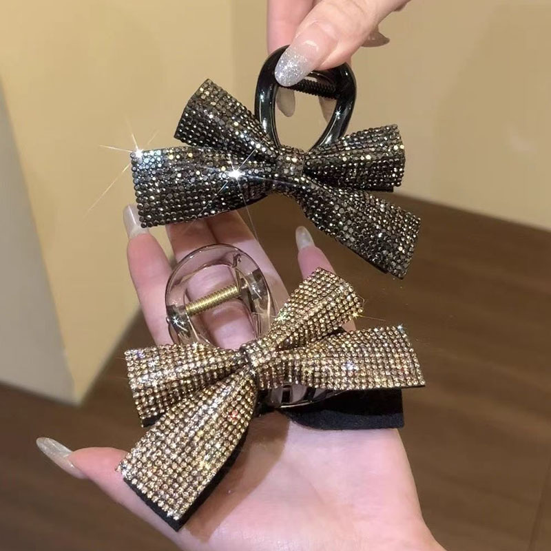 Women's Korean-Style Bow Double-Sided Full Diamond Hairpin, High-End Shark Clip for Hair on the Back of the Head, Fashionable and Versatile Hair Accessory