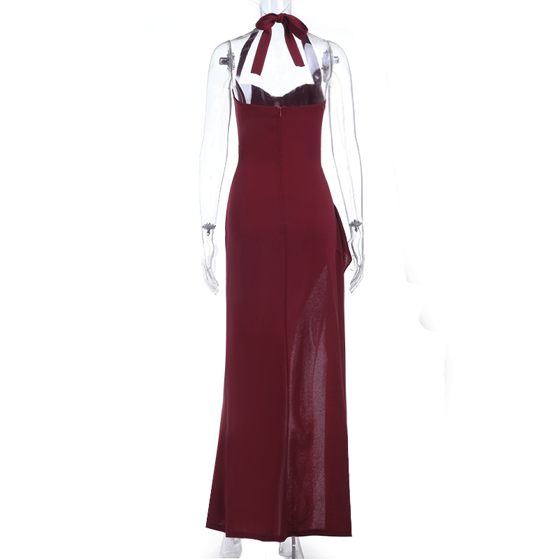 Halter Neck Long Dress Elegant Tie Up Bust Ruffle Slit Design Fashionable Dress_ecoleips.com