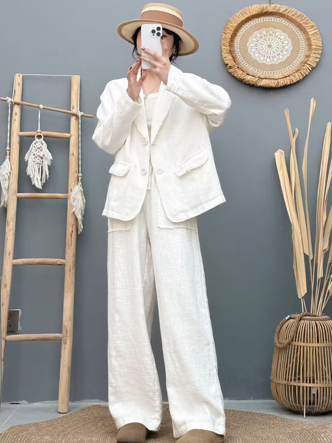 Suit, spring trousers, fashionable universal set, loose straight fit, simple and elegant design