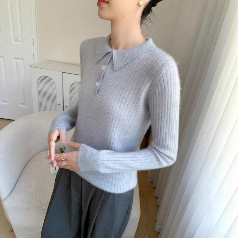 Autumn and Winter New Wide-Striped Polo Collar Knitwear Pure Color Long-Sleeved Thick Warm Base Cashmere Knitwear Women's Knitwear Autumn and Winter New Wide-Striped Polo Collar Knitwear Pure Color Long-Sleeved Thick Warm Base Cashmere Knitwear Women's Knitwear