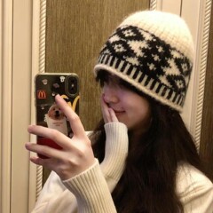 韩版复古提花菱形格堆堆帽子女冬季户外保暖毛线帽休闲纯棉显脸小