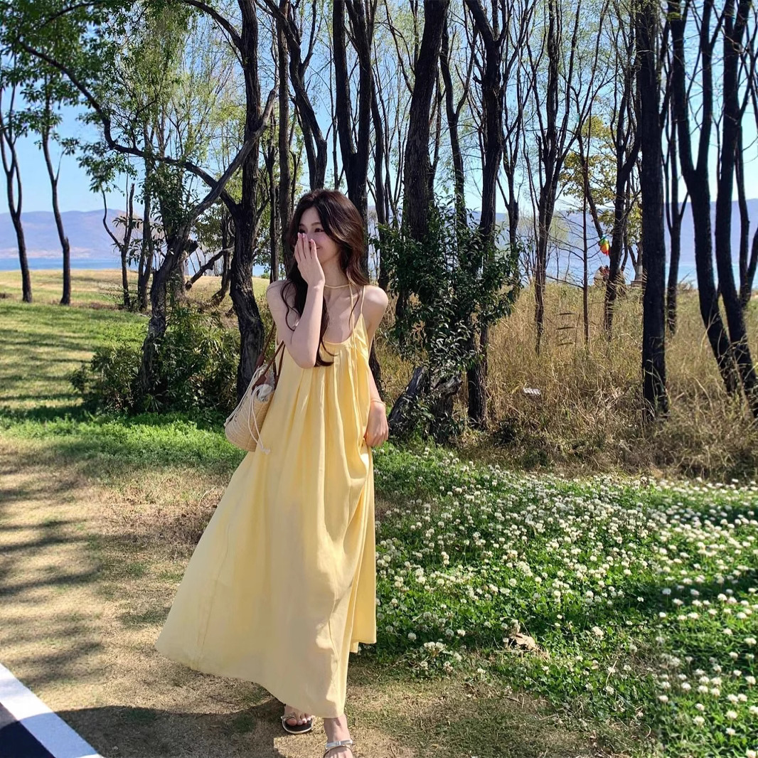 해변 휴가 스타일 노란색 슬링 드레스 여성 여름 느슨한 캐주얼 비치 드레스 요정
