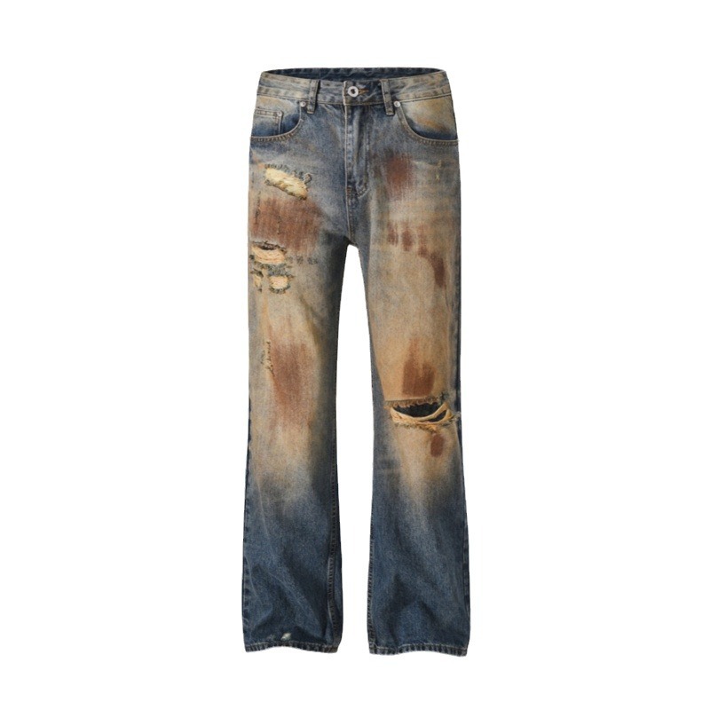 Jean déchiré de style américain délavé et sale pour hommes et femmes, pantalon ample légèrement évasé Vibe_voghion.com