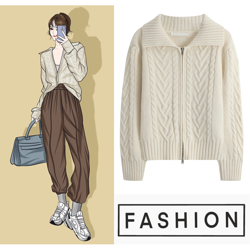 공장 맞춤형 폭발 그레이 지퍼 트위스트 레트로 재킷 여성용 게으른 올매치 느슨한 긴팔 니트 스웨터