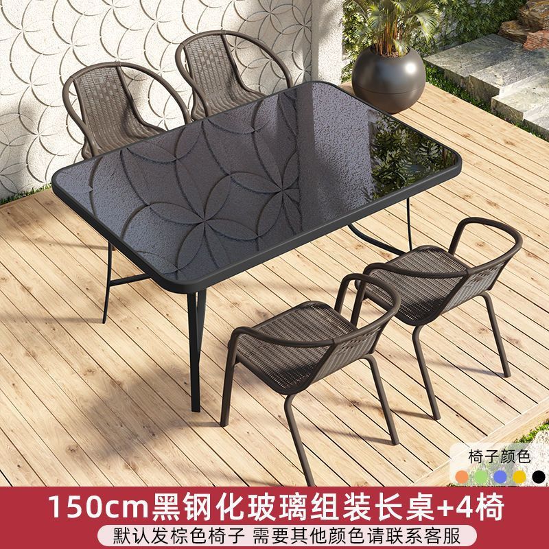 150cm 블랙 강화유리 조립식 긴 테이블 + 의자 4개