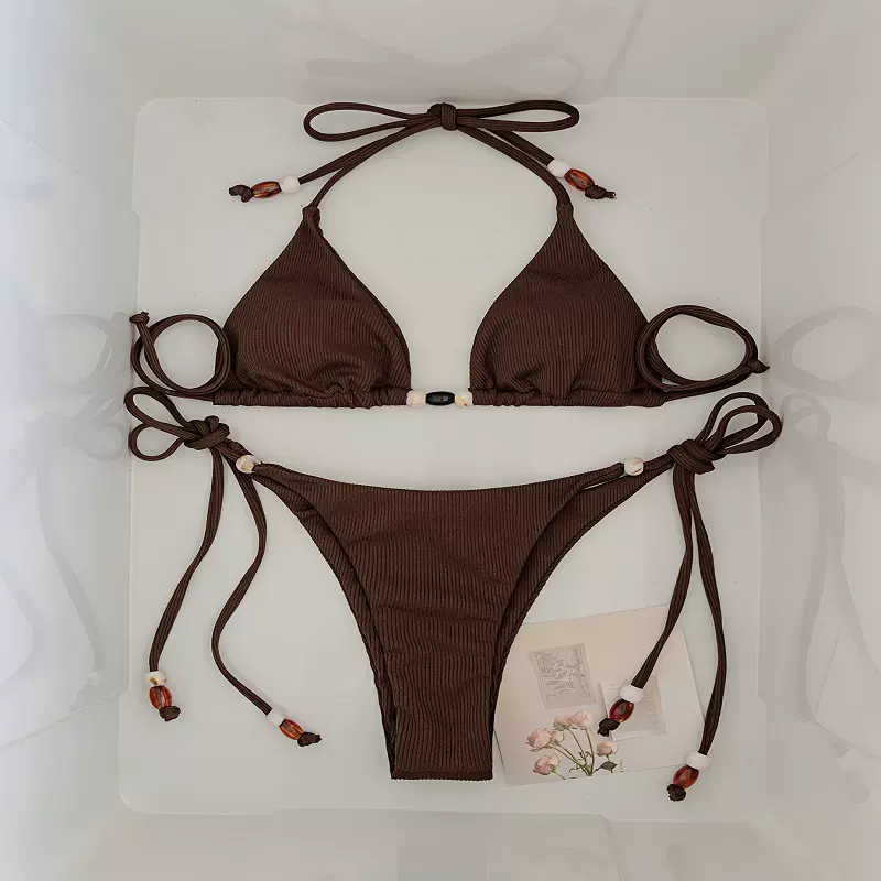 亿泳2026新款欧美跨境素色罗纹三角挂脖性感女士比基尼分体套装