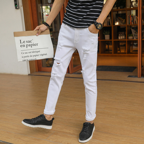Men's Ripped Cropped White Denim Pants, Korean-style Slim-fit Elasticity-boosted Personality 