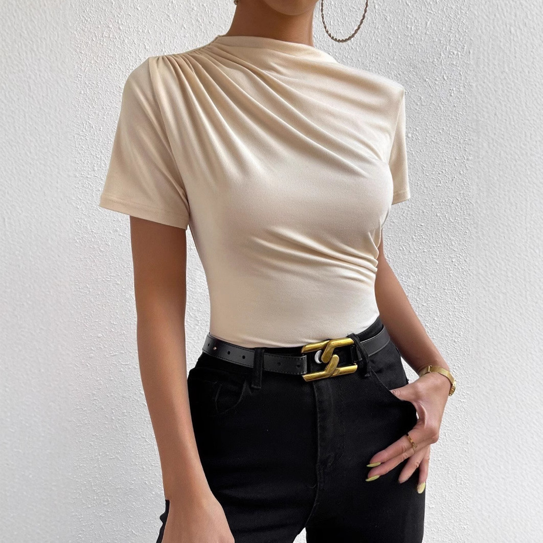 亚马逊欧美跨境速卖通独立站2024春夏小高领抽褶修身短袖女士T恤