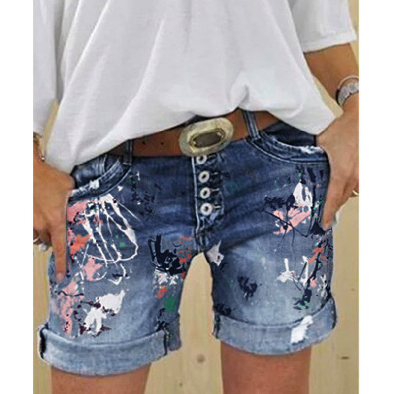 High Waist Stretch Exquisite Large Print Amazon ebay Hot Sale plus size Women's Denim Shorts Button Print Five