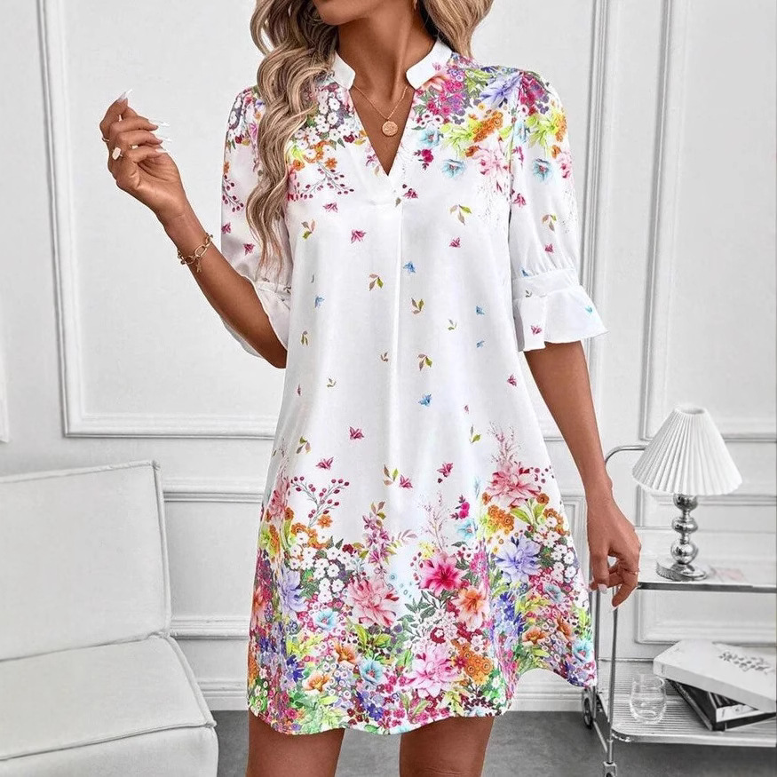 2025 European and American Clothing Amazon Independent Station Digital Printing Mid-Sleeve V Neck Printed Shirt Dress Floral