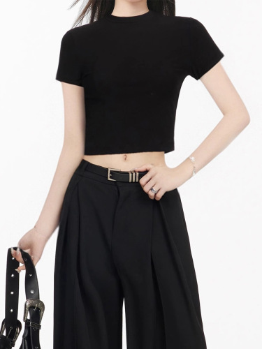 230g American Retro Full Shoulder Short Sleeve T-shirt Summer Spice Girl High-Waist Slimming Crop Top Women's Short Blouse