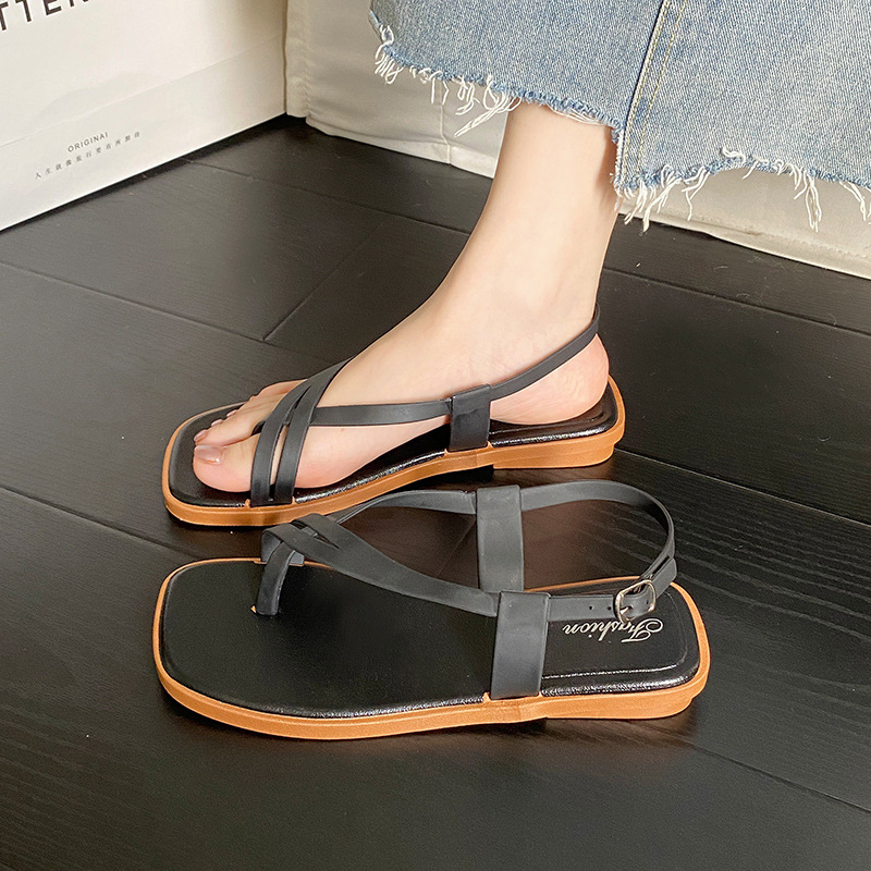 2025 New Style For Women Summer Outdoor Wear Internet Celebrity Ins Flat Roman Sandals One-Strap Toe-Loop Women's Shoes_vogvips.com