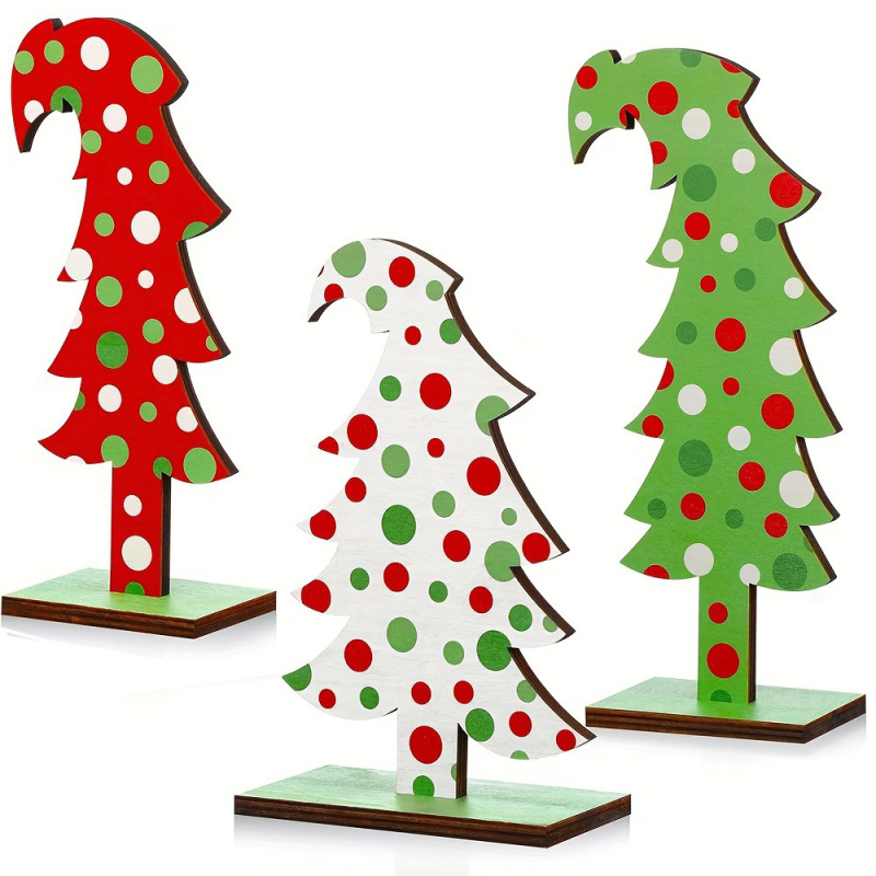 国境を越えたtemuの新しいクリスマス三色波点クリスマスツリーの木製デスクトップ装飾品|undefined