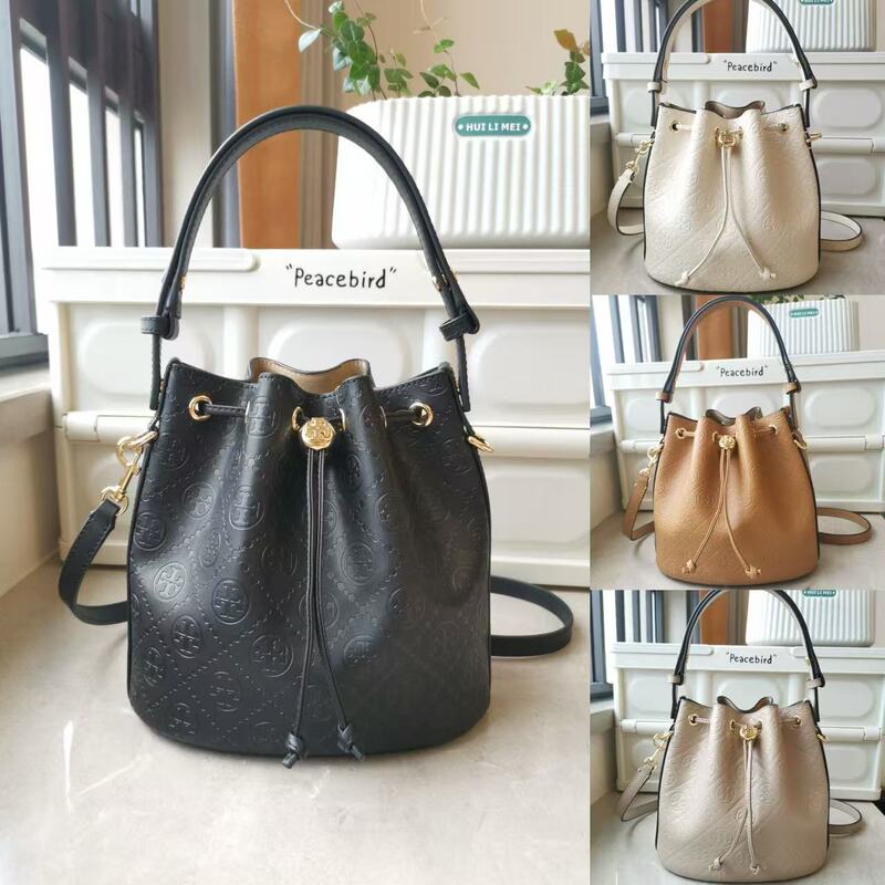 TB Women's Bag New Embossed Cowhide Embossed Bucket Pure Leather Material Monogram Full Logo Bucket Bag Vegetable Basket