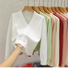 V领短款针织开衫外套女2025秋装新款黑色外搭毛衣长袖打底衫上衣