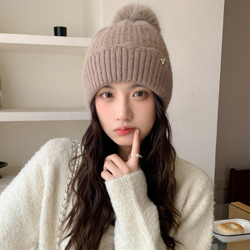 冬天帽子女时尚百搭骑行针织帽大头围显脸小毛线帽毛球护耳包头帽|undefined