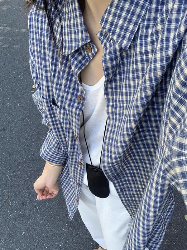 Retro Blue Long-Sleeved Plaid Shirt for Women Early Autumn Lazy Style Top Casual Plaid Jacket Loose Outer Shirt