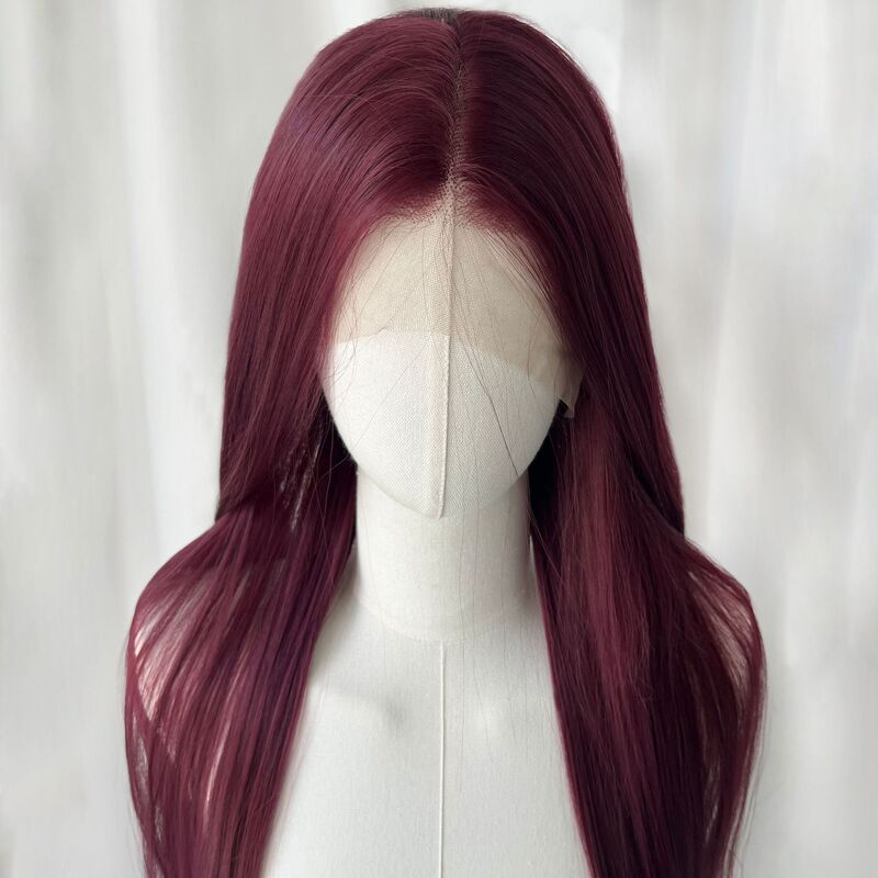 Burgundy Korean Silk Wig Universal Headgear Rough Hand Hook Forehead Lace Cos Red-Haired Female Long Straight Hair Curly Hair