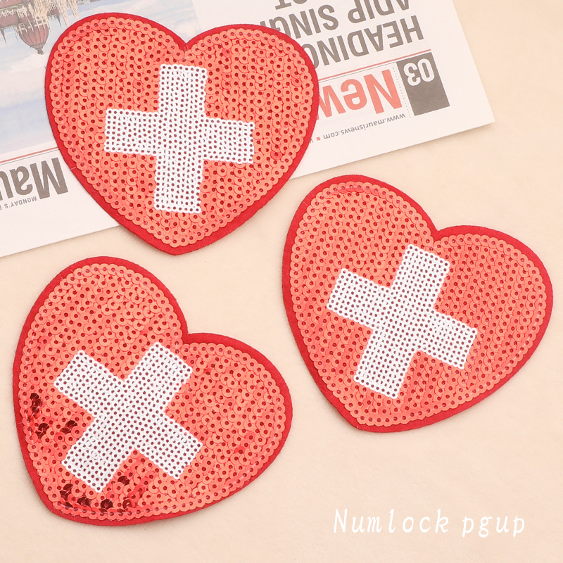 朵酷电脑绣花标爱心珠片布标章仔服装辅料徽章跨境亮片刺绣布贴