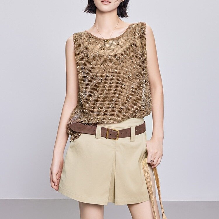Meiyang MEIYANG Gold Sugar Vest Flower Yarn Hollow Knitted Crewneck Sweater * Acetic Acid Vest-Friday