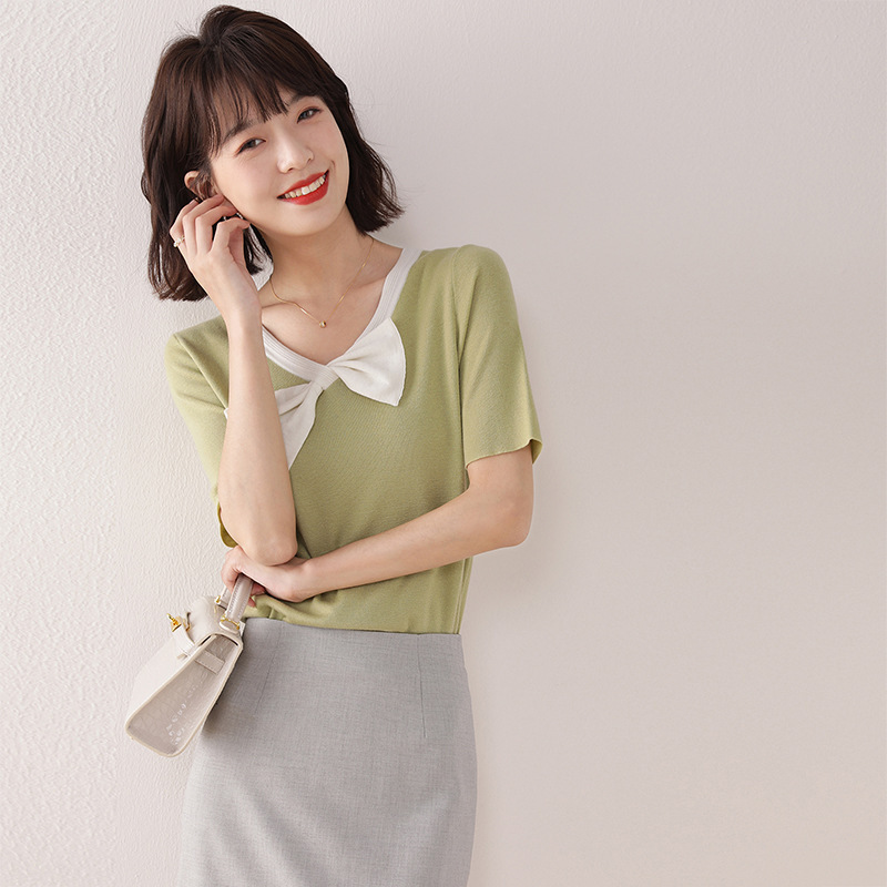 Special Offer Welfare Knitted Shirt T-Shirt Women's 2023 Summer New Arrival Bow V-Neck Age-Reducing All-Match Short-Sleeved Base-Layer Shirt Special Offer Welfare Knitted Shirt T-Shirt Women's 2023 Summer New Arrival Bow V-Neck Age-Reducing All-Match Short-Sleeved Base-Layer Shirt