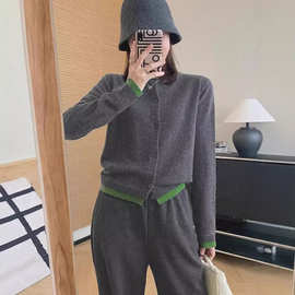 冬季新款女装撞色穿搭简约高级感假两件针织开衫阔腿裤套装两件套