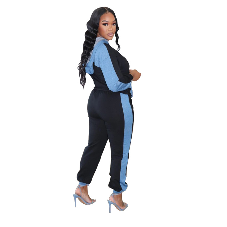 Women's Clothing 2024 autumn and winter hit casual denim patchwork hooded two piece suit_voghion.com