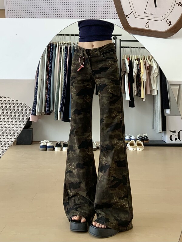 美式复古迷彩工装微喇牛仔裤女秋季低腰不贴腿马蹄喇叭裤拖地裤子|undefined