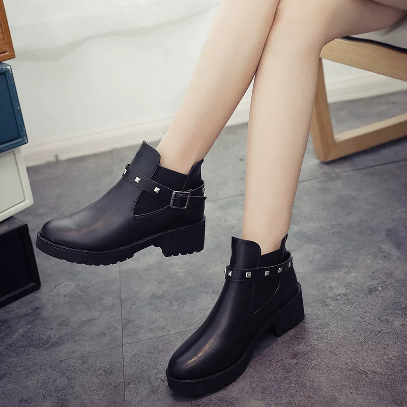 Ankle boots Martens‑style, low heel, studded strap, black, sizes 35–40