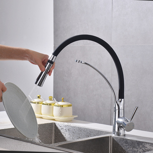 Cross-border new kitchen faucet cold and hot water stretching faucet universal silicone tube three-way sink faucet