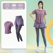夏季跑步健身套装女大码胖mm户外网球羽毛球运动短袖假两件瑜伽裤