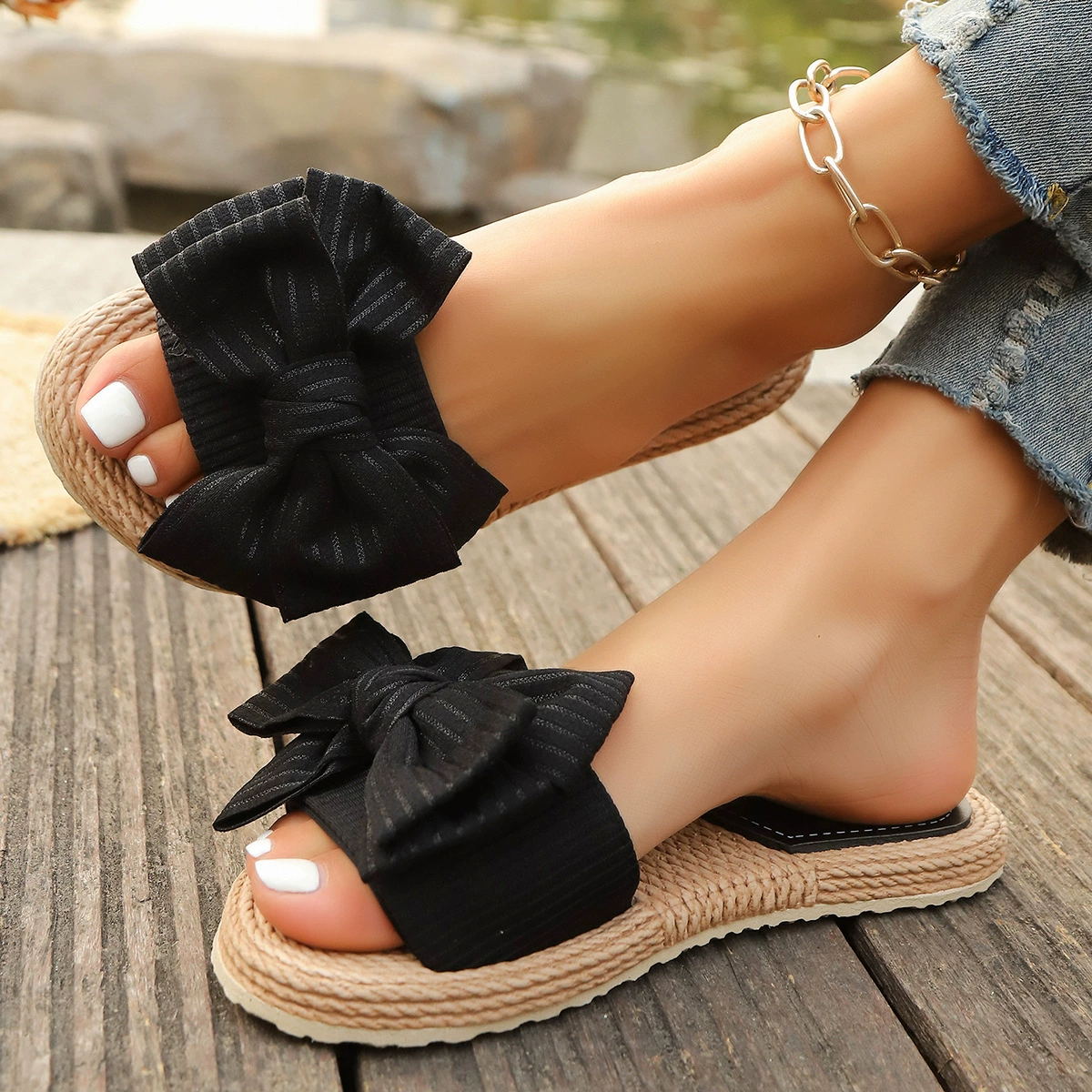 Модные женские японские тапочки-лаки flats с бантом, подходят для улицы