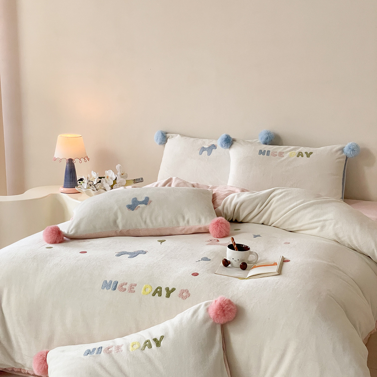Autumn and Winter New Style Small Pom-Pom Milk Velvet Towel Embroidery Series Four-Piece Set Auspicious Little Horse Blue Available in Small Size Three-Piece Set