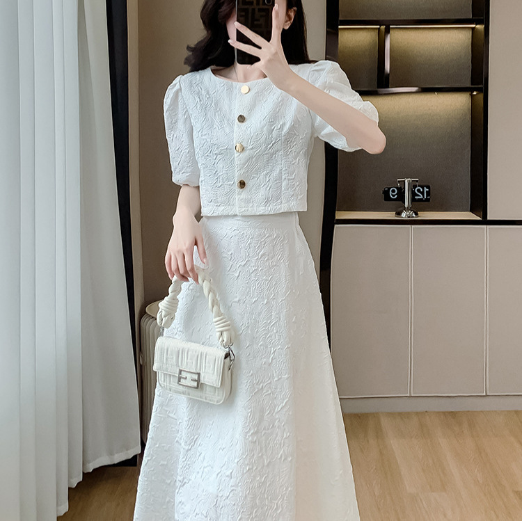 Summer New Style Rich Girl Over-The-Knee Dress, White Top, High-Waisted Skirt, Two-Piece Suit Dress