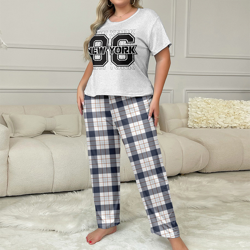 Women's Plus Size Pajamas European American Style Short Sleeved Plaid Pajama Pants Milk Silk 96 Home Wear Summer Sleepwear_voghion.com
