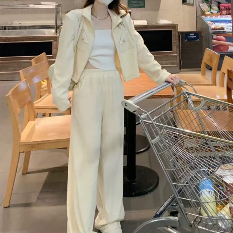 2024 Весенний и Осенний Новый стиль тонкий модный широкий брюки из двух частей повседневный спортивный темперамент маленький ароматный набор женский