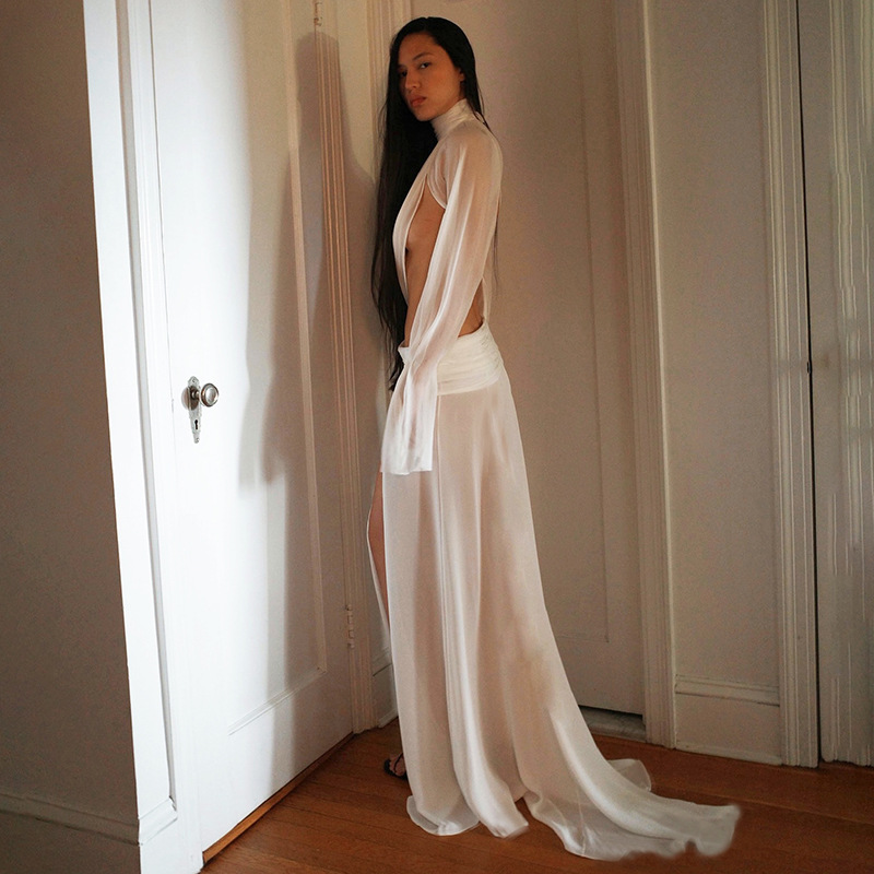 Women's Winter Fashion High Neck Bell Sleeve Top And Slit Long Skirt Set Sexy See Through European American Style New_voghion.com
