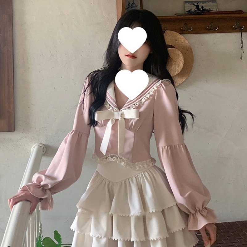 减龄学院风长袖甜美高腰短款上衣女蓬蓬裙半裙早秋新款|undefined