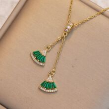 项链女网红锆石扇形小裙子直播新款祖母绿微镶韩小众流行锁骨链